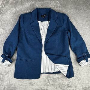 41 Hawthorn Blazer Jacket Women L Blue Teal Natalie Knit Contrast Cuffs Roll Tab